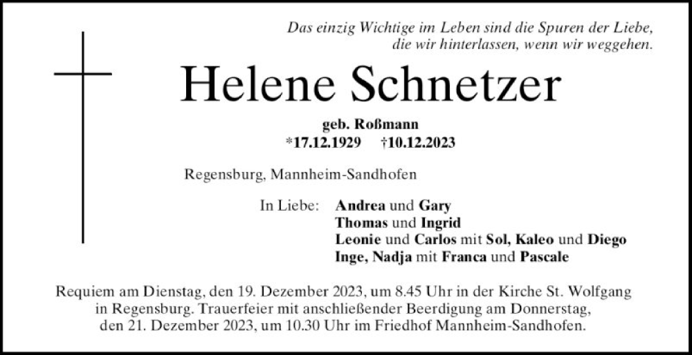  Traueranzeige für Helene Schnetzer vom 16.12.2023 aus Mannheimer Morgen