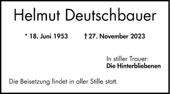 Traueranzeige von Helmut Deutschbauer von Mannheimer Morgen