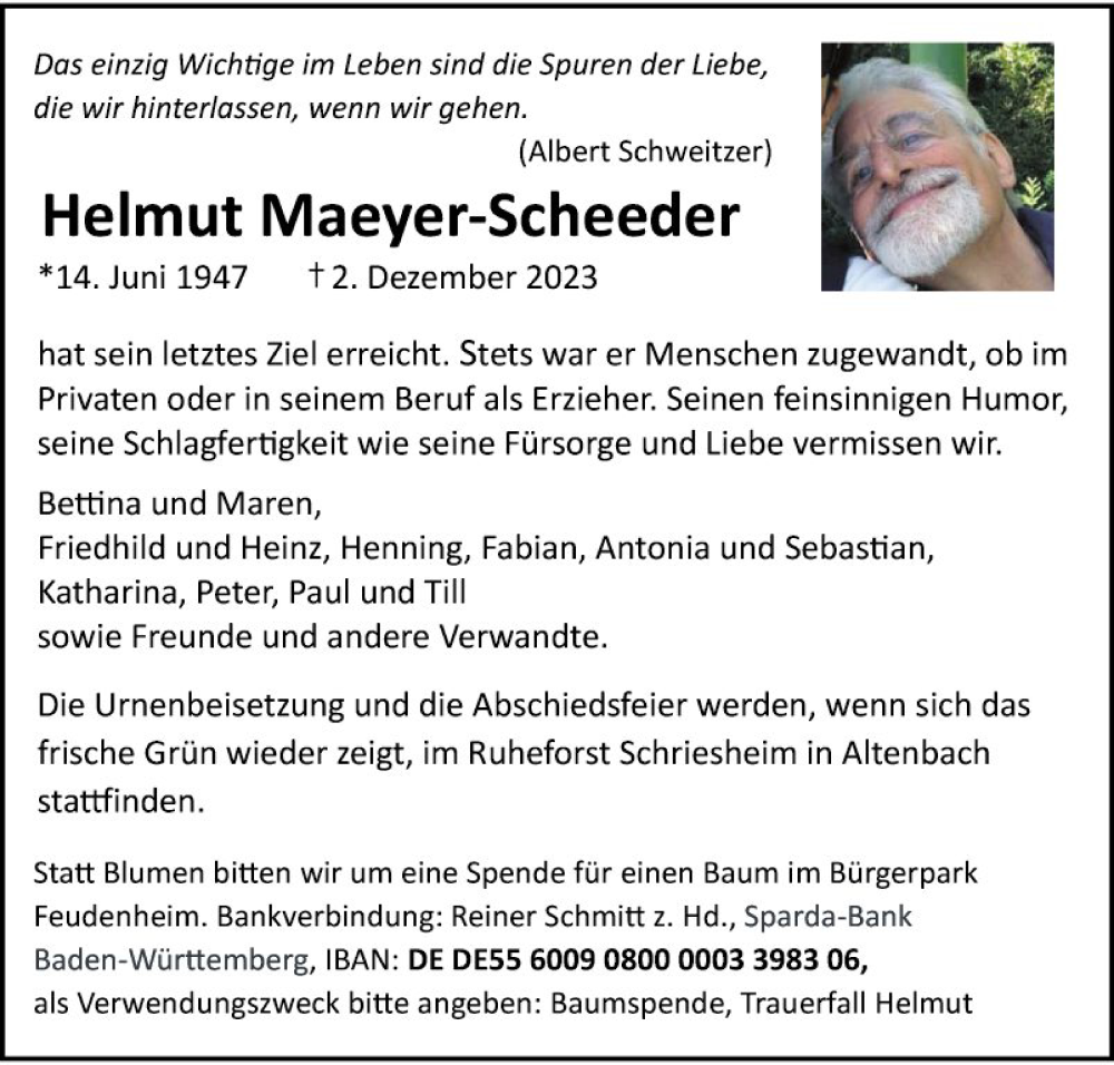  Traueranzeige für Helmut Maeyer-Scheeder vom 06.12.2023 aus Mannheimer Morgen