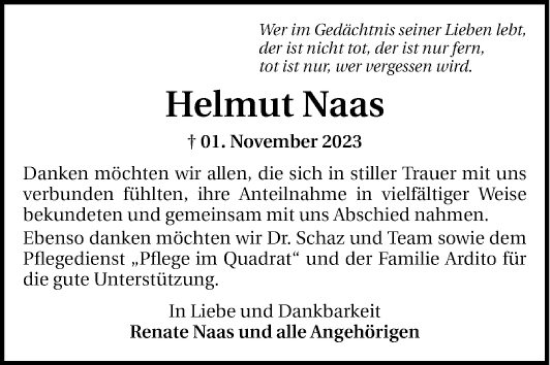 Traueranzeige von Helmut Naas von Mannheimer Morgen