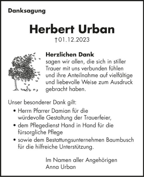 Traueranzeige von Herbert Urban von Fränkische Nachrichten