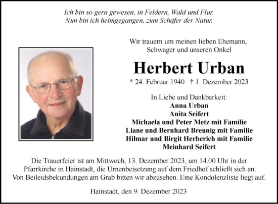 Traueranzeige von Herbert Urban von Fränkische Nachrichten