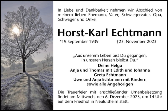 Traueranzeige von Horst-Karl Echtmann von Schwetzinger Zeitung