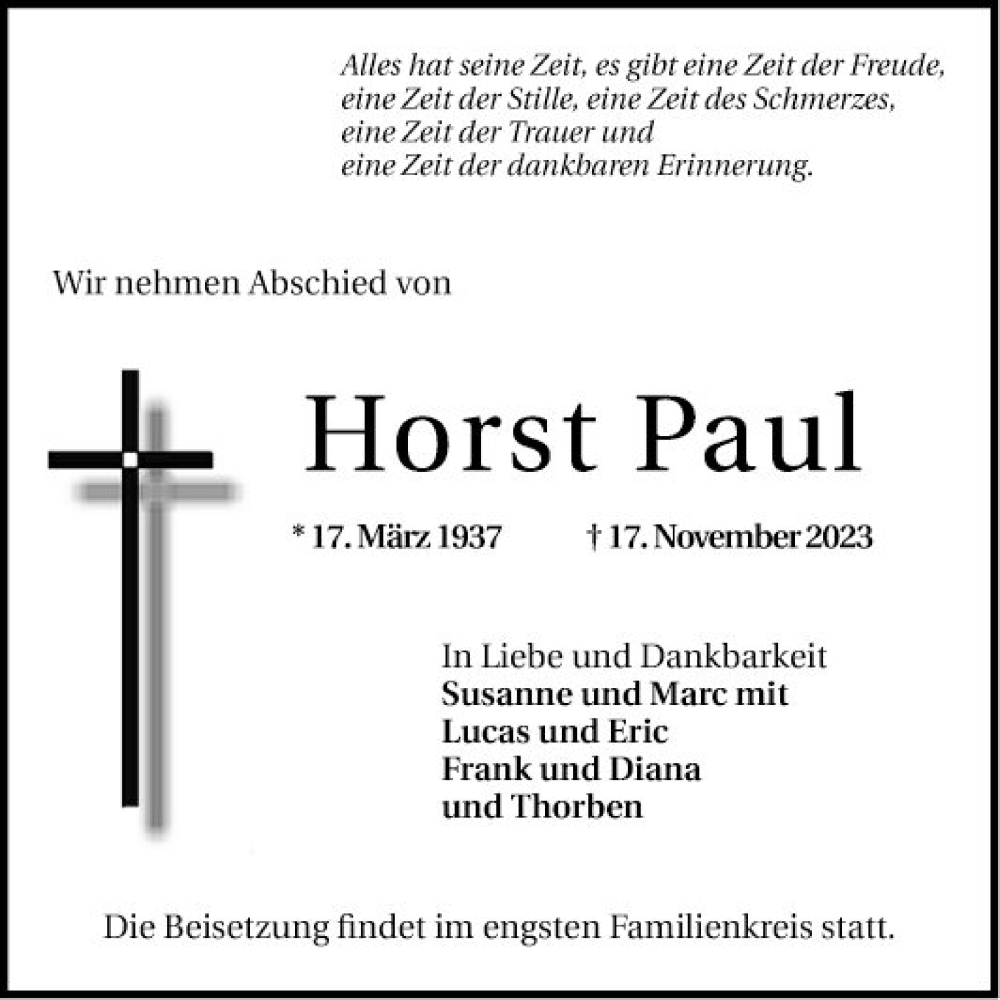  Traueranzeige für Horst Paul vom 02.12.2023 aus Mannheimer Morgen