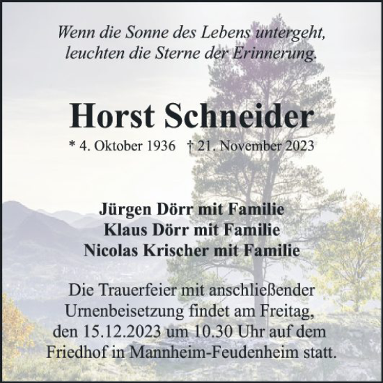 Traueranzeige von Horst Schneider von Mannheimer Morgen