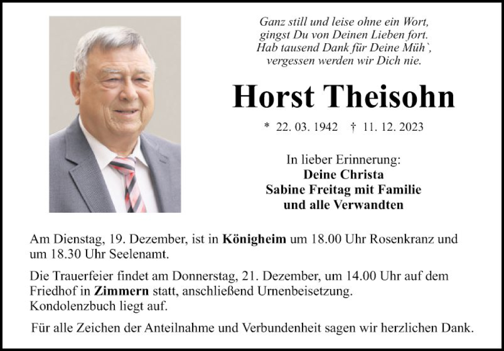  Traueranzeige für Horst Theisohn vom 16.12.2023 aus Fränkische Nachrichten