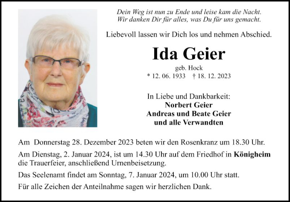  Traueranzeige für Ida Geier vom 27.12.2023 aus Fränkische Nachrichten