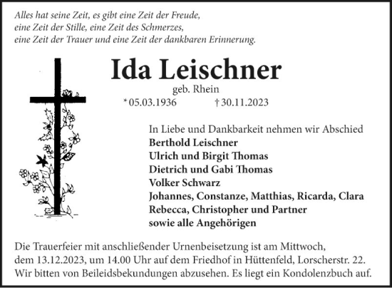 Traueranzeige von Ida Leischner von Mannheimer Morgen