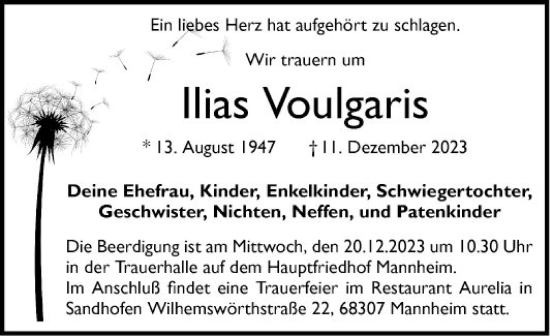 Traueranzeige von Ilias Voulgaris von Mannheimer Morgen