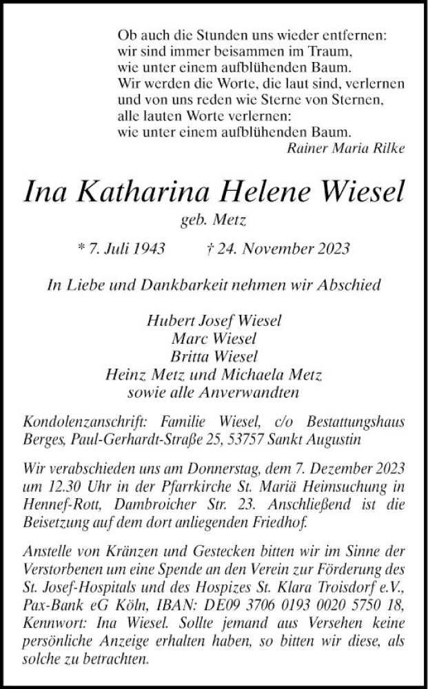  Traueranzeige für Ina Katharina Helene Wiesel vom 02.12.2023 aus Bergsträßer Anzeiger