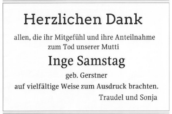 Traueranzeige von Inge Samstag von Mannheimer Morgen