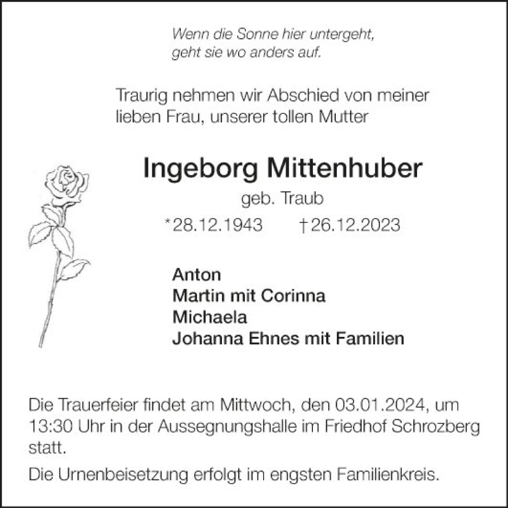  Traueranzeige für Ingeborg Mittenhuber vom 30.12.2023 aus Fränkische Nachrichten