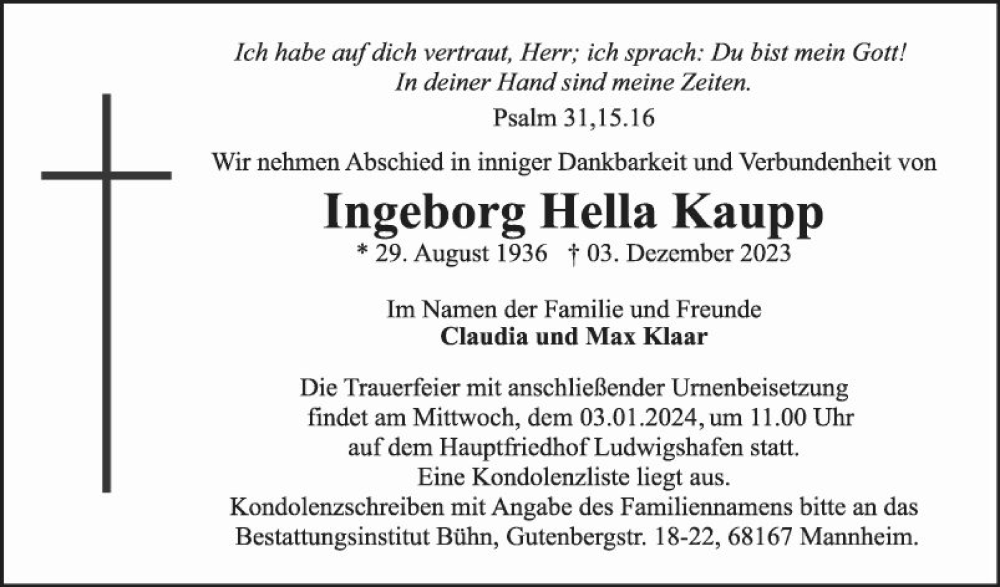  Traueranzeige für Ingeborg Hella Kaupp vom 16.12.2023 aus Mannheimer Morgen