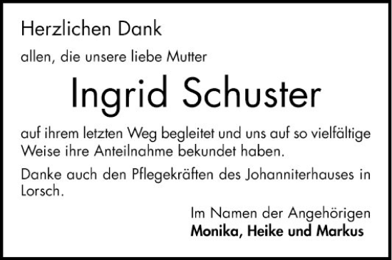 Traueranzeige von Ingrid Schuster von Bergsträßer Anzeiger