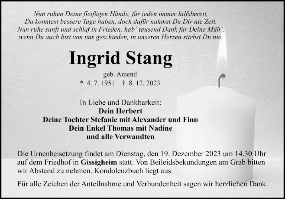  Traueranzeige für Ingrid Stang vom 15.12.2023 aus Fränkische Nachrichten