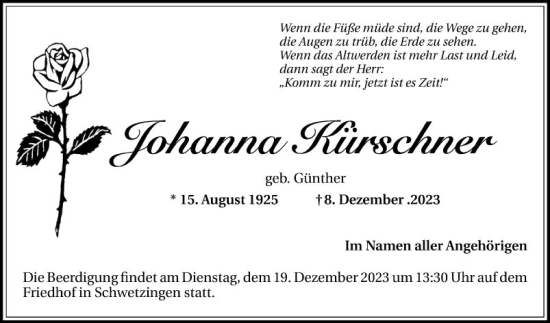 Traueranzeige von Johanna Kürschner von Schwetzinger Zeitung
