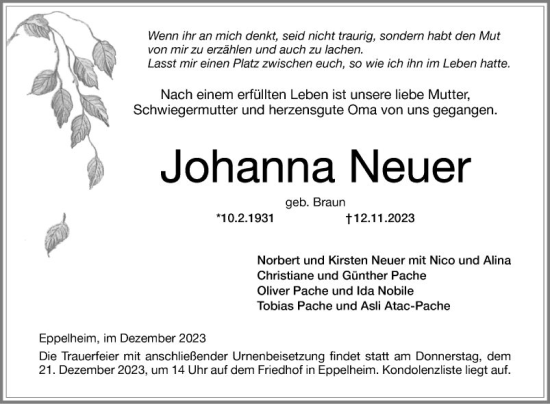 Traueranzeige von Johanna Neuer von Schwetzinger Zeitung