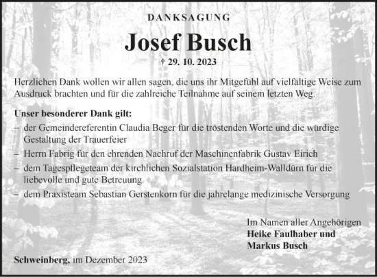 Traueranzeige von Josef Busch von Fränkische Nachrichten