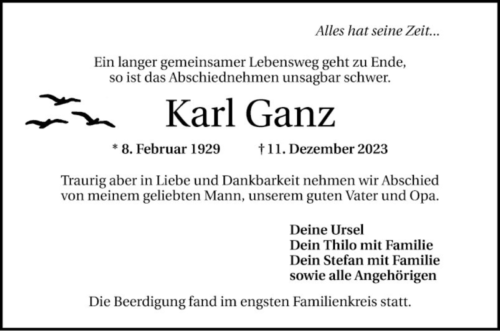 Traueranzeige für Karl Ganz vom 30.12.2023 aus Mannheimer Morgen