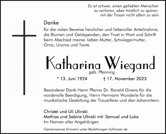 Traueranzeige von Katharina Wiegand von Mannheimer Morgen