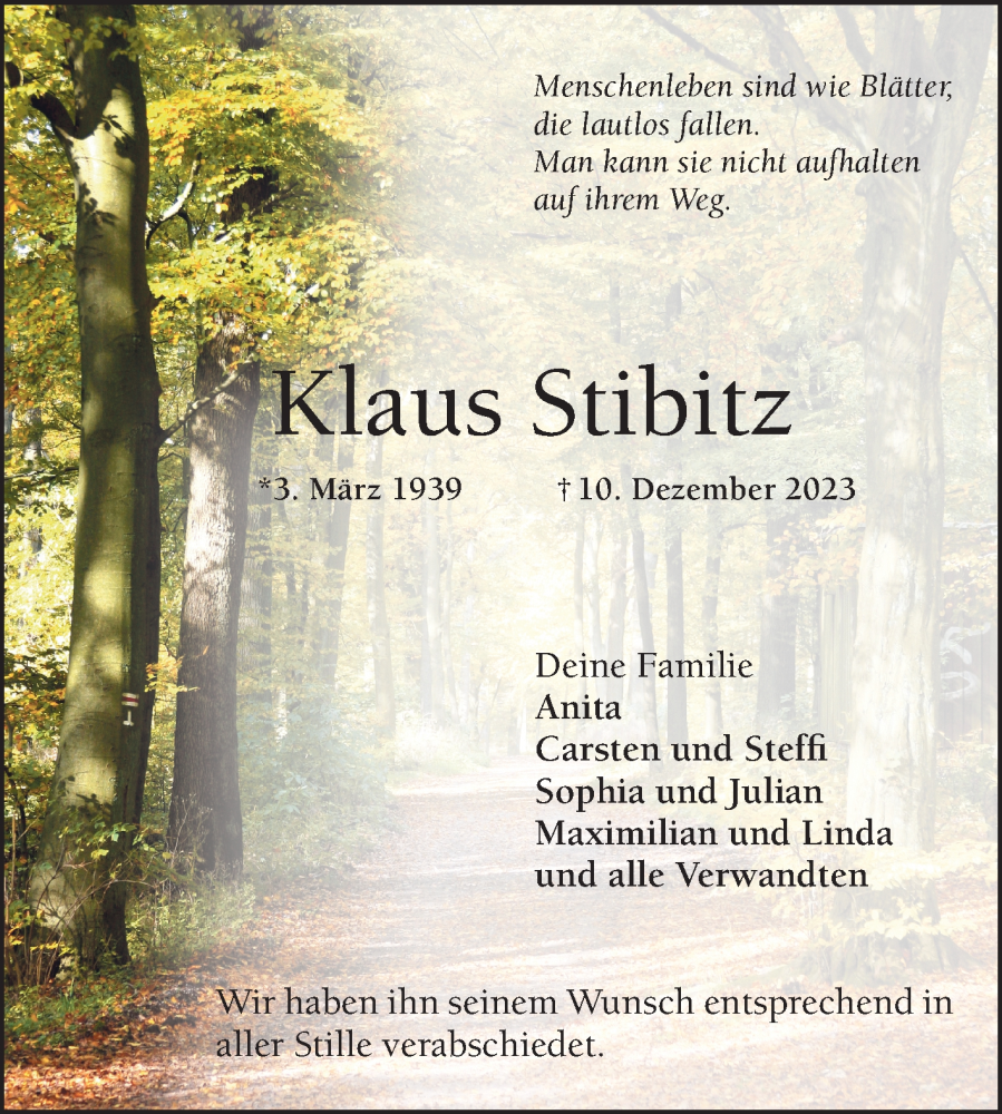  Traueranzeige für Klaus Stibitz vom 23.12.2023 aus Schwetzinger Zeitung
