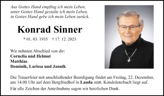 Traueranzeige von Konrad Sinner von Fränkische Nachrichten