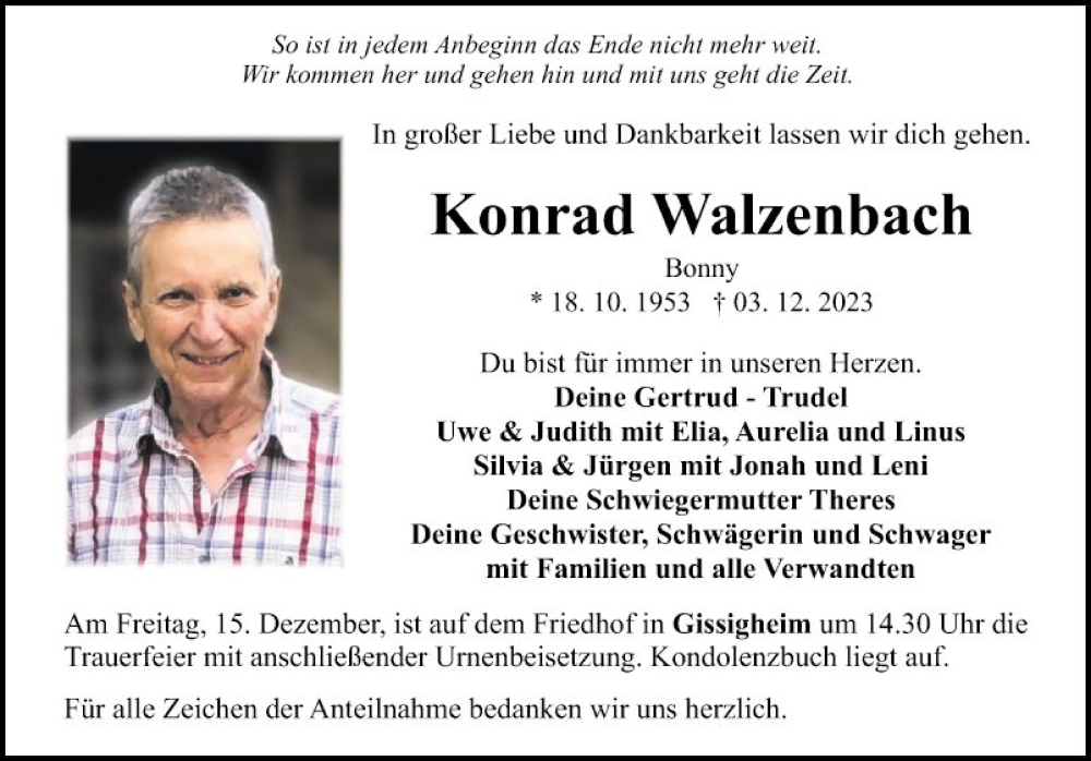  Traueranzeige für Konrad Walzenbach vom 09.12.2023 aus Fränkische Nachrichten