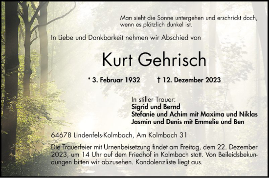 Traueranzeige von Kurt Gehrisch von Bergsträßer Anzeiger