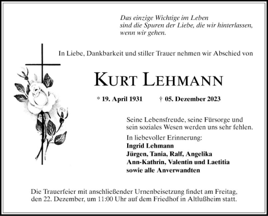 Traueranzeige von Kurt Lehmann von Schwetzinger Zeitung