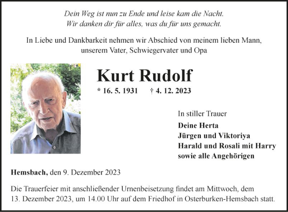  Traueranzeige für Kurt Rudolf vom 09.12.2023 aus Fränkische Nachrichten