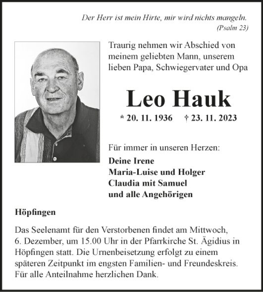  Traueranzeige für Leo Hauk vom 02.12.2023 aus Fränkische Nachrichten