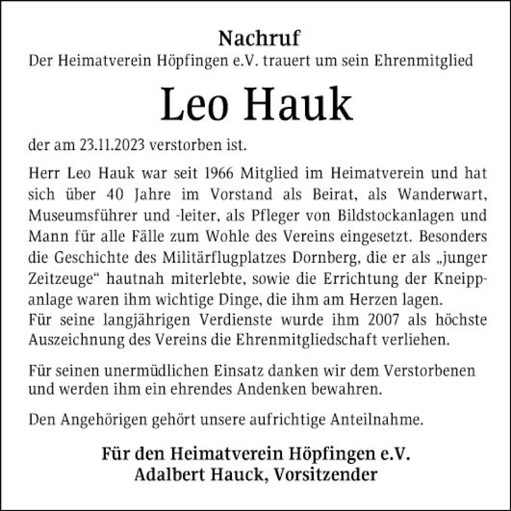  Traueranzeige für Leo Hauk vom 02.12.2023 aus Fränkische Nachrichten