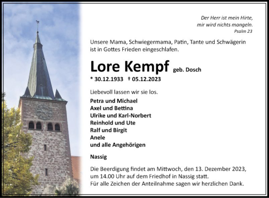 Traueranzeige von Lore Kempf von Fränkische Nachrichten
