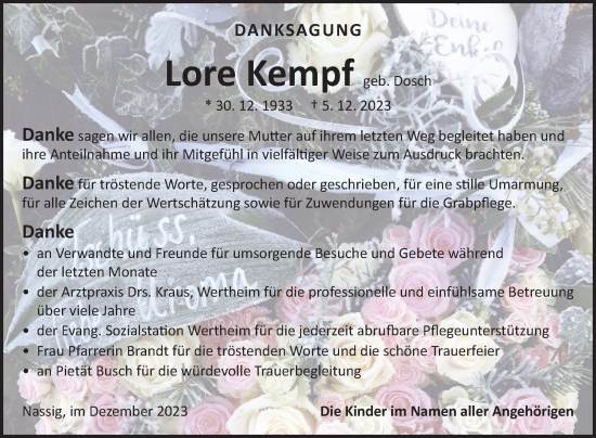 Traueranzeige von Lore Kempf von Fränkische Nachrichten