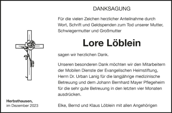 Traueranzeige von Lore Löblein von Fränkische Nachrichten