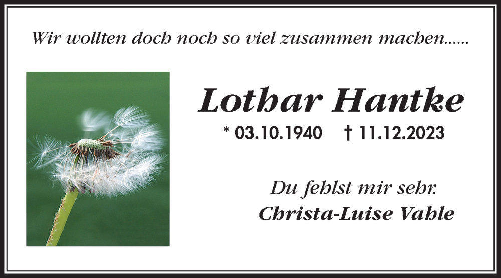  Traueranzeige für Lothar Hantke vom 23.12.2023 aus Schwetzinger Zeitung