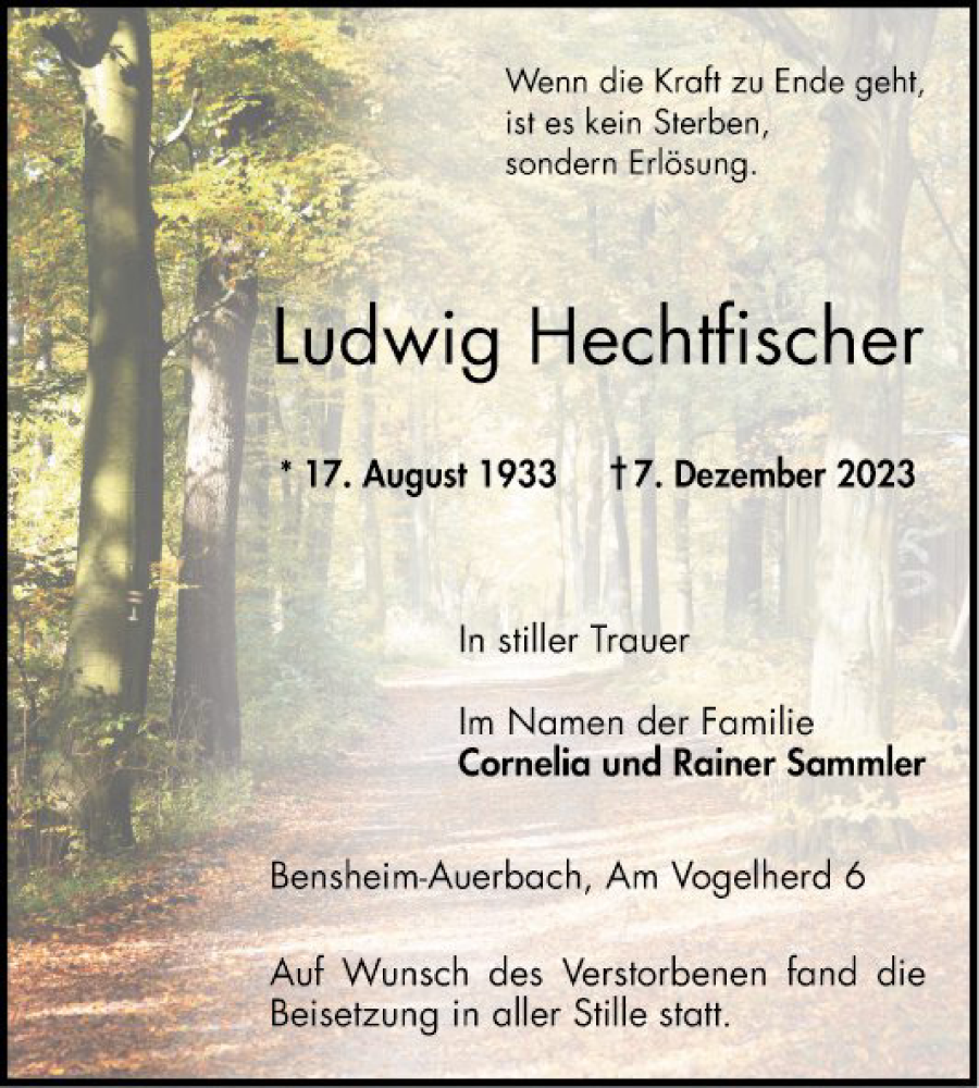  Traueranzeige für Ludwig Hechtfischer vom 30.12.2023 aus Bergsträßer Anzeiger
