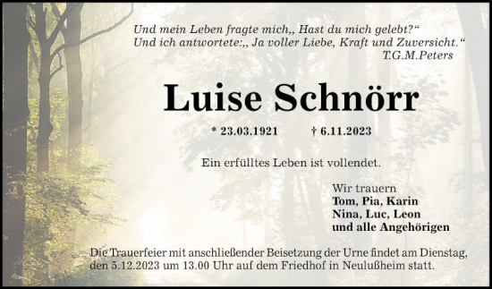 Traueranzeige von Luise Schnörr von Schwetzinger Zeitung