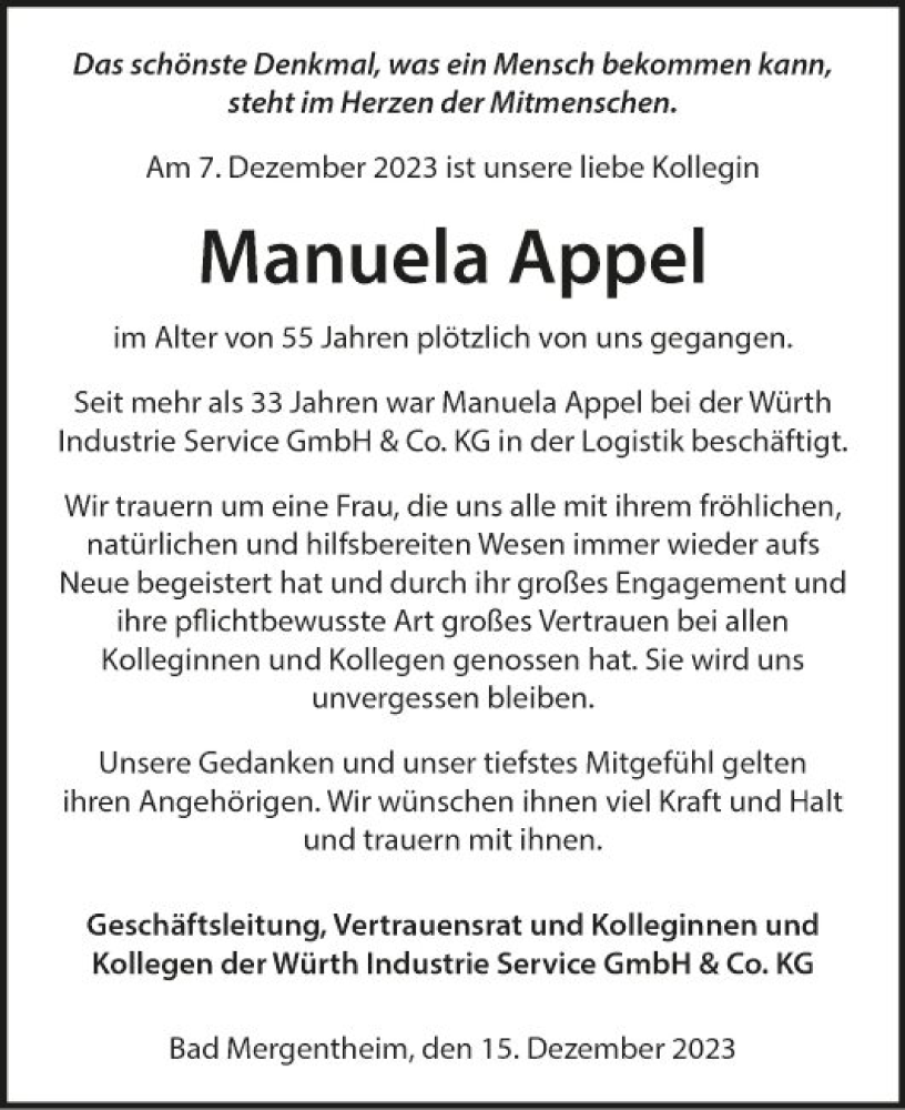  Traueranzeige für Manuela Appel vom 15.12.2023 aus Fränkische Nachrichten