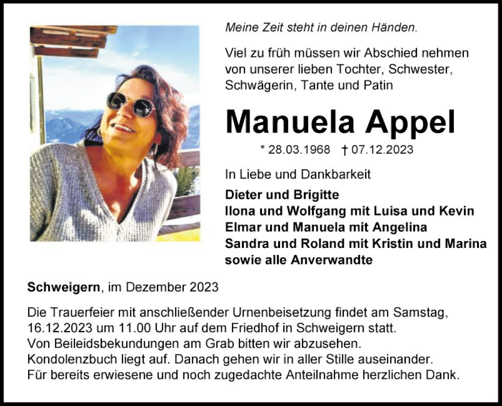  Traueranzeige für Manuela Appel vom 14.12.2023 aus Fränkische Nachrichten
