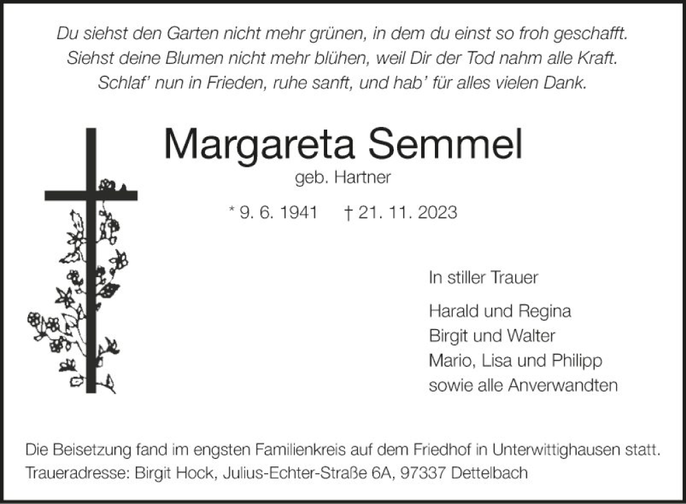  Traueranzeige für Margareta Semmel vom 02.12.2023 aus Fränkische Nachrichten