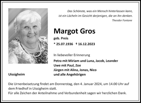Traueranzeige von Margot Gros von Fränkische Nachrichten