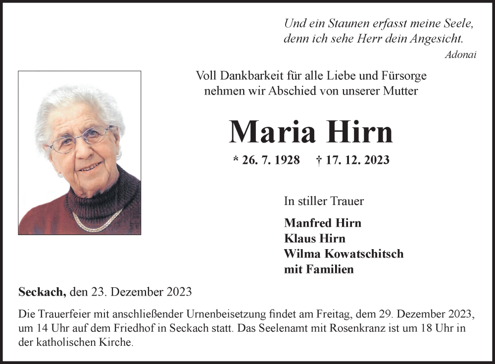  Traueranzeige für Maria Hirn vom 23.12.2023 aus Fränkische Nachrichten