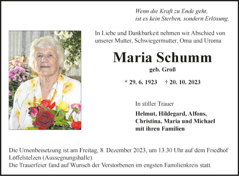  Traueranzeige für Maria Schumm vom 02.12.2023 aus Fränkische Nachrichten