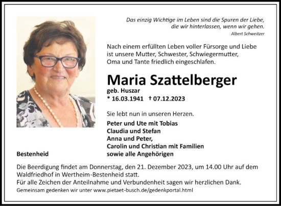 Traueranzeige von Maria Szattelberger von Fränkische Nachrichten