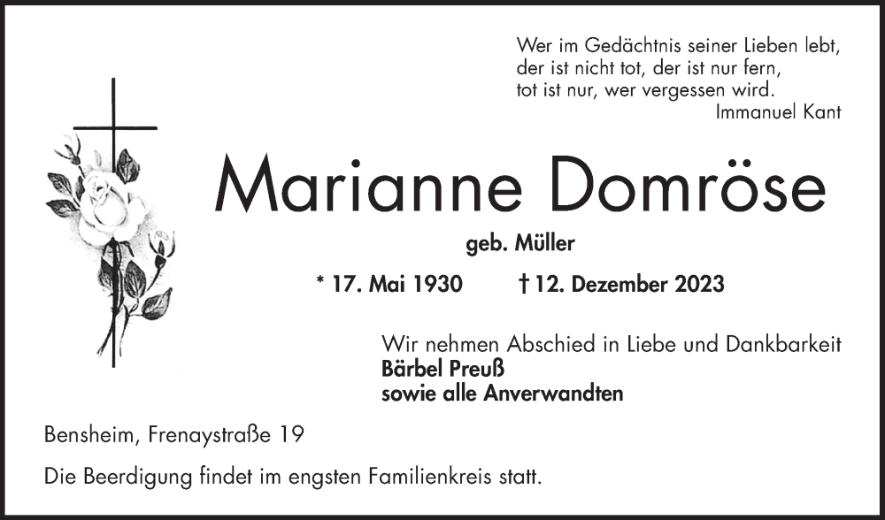  Traueranzeige für Marianne Domröse vom 23.12.2023 aus Bergsträßer Anzeiger