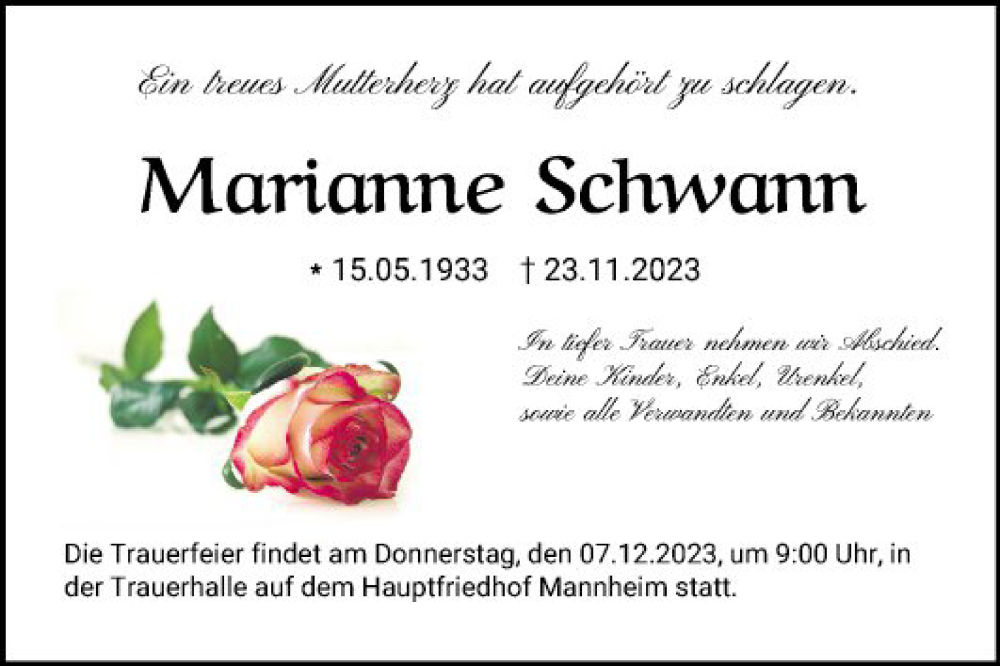  Traueranzeige für Marianne Schwann vom 02.12.2023 aus Mannheimer Morgen