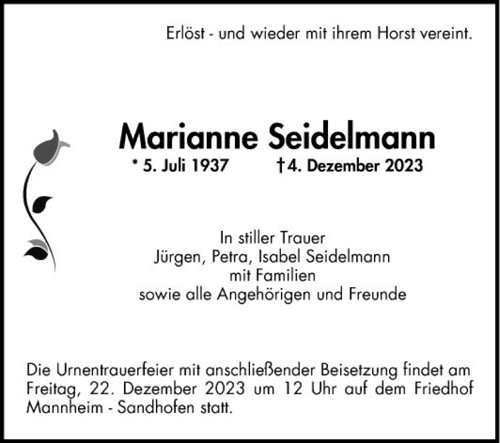  Traueranzeige für Marianne Seidelmann vom 16.12.2023 aus Mannheimer Morgen