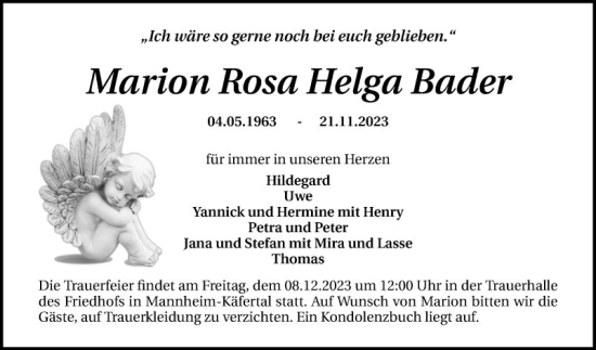 Traueranzeige von Marion Rosa Helga Bader von Mannheimer Morgen