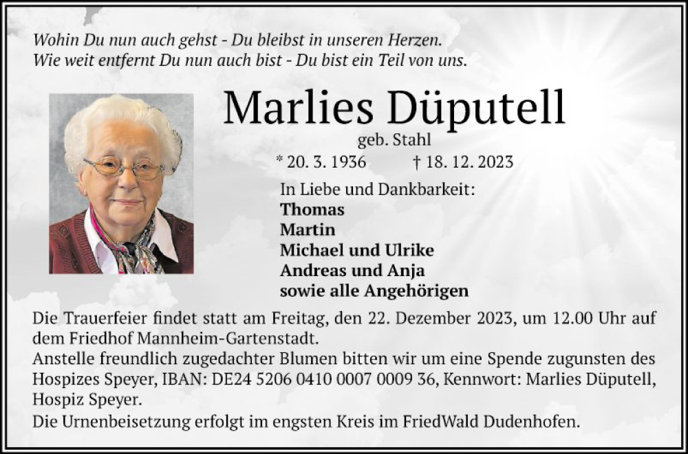 Traueranzeige für Marlies Düputell vom 20.12.2023 aus Mannheimer Morgen